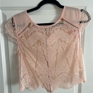 bebe Pink Lace Blouse with Zipper Accents